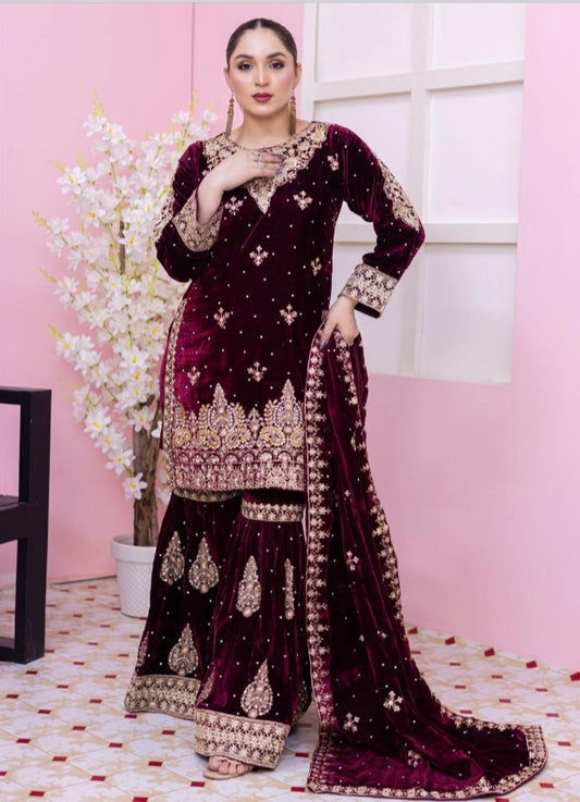 Brit 3 piece luxury Valvet_81042 Pakistani ladies suit maroon B294