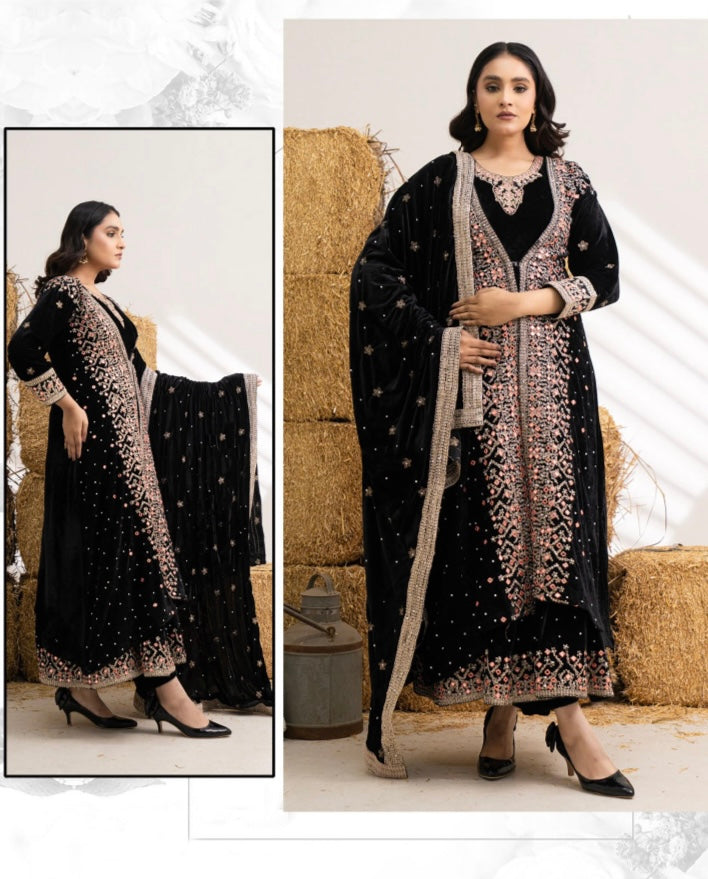 Brit 3 piece luxury Designer Valvet winter Pakistani ladies suit B323