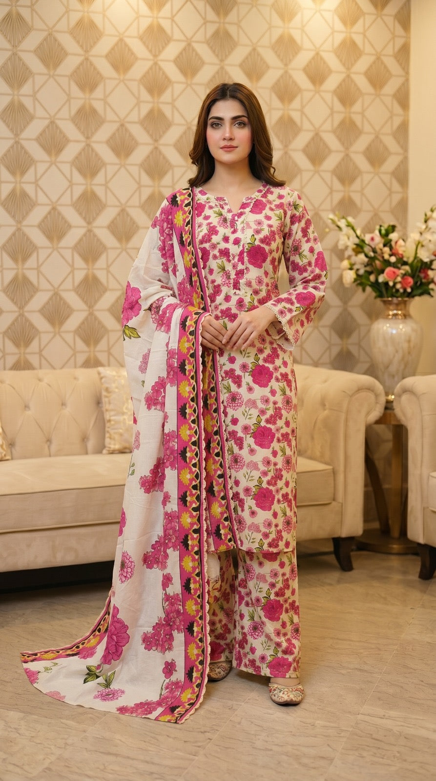 M Print inspired 3 piece Lawn summer collection ladies dress B621