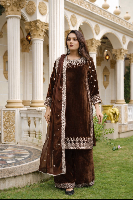 Brit Valvet 3 piece with chiffon dupata _3024 chocolate B276