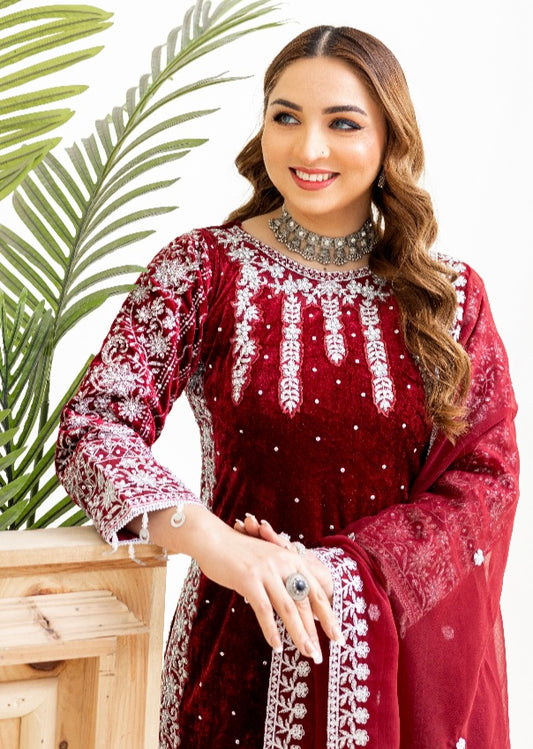 Brit 3 piece velvet_6039 ladies and kids Pakistani suit mehroon B13