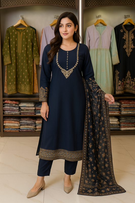 Brit Posh 3 piece linen _81042 Pakistani ladies suit Navy B232