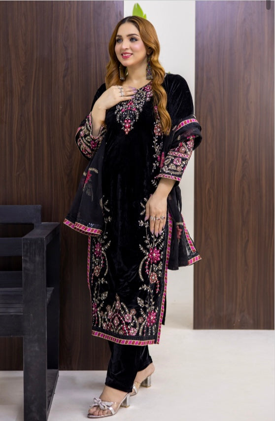 Brit 3 piece luxury Valvet_81042 Pakistani ladies suit Black B301
