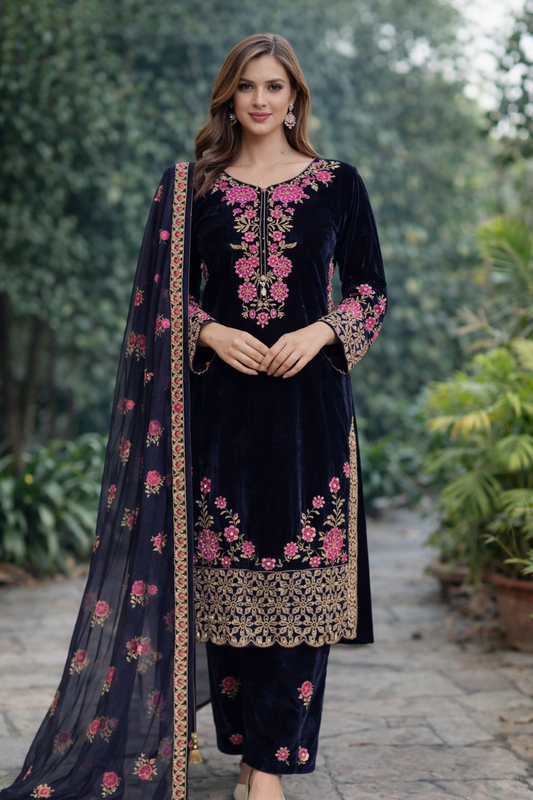 Brit 3 piece luxury Valvet_81042 Pakistani ladies suit_ navy B296