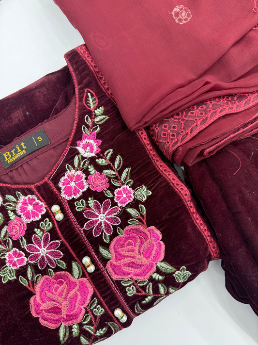 Brit 3 piece luxury Designer Valvet winter Pakistani ladies suit B324