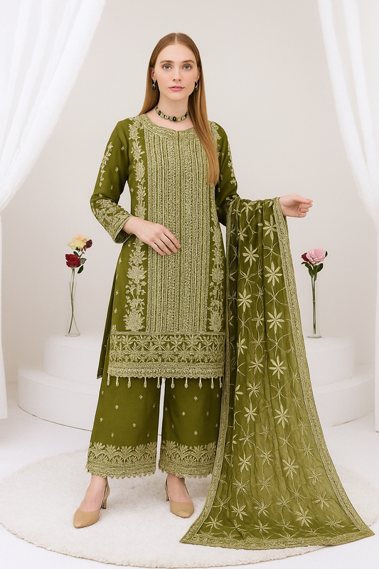 Brit 3 piece luxury chiffon_81042 Pakistani ladies suit olive B245