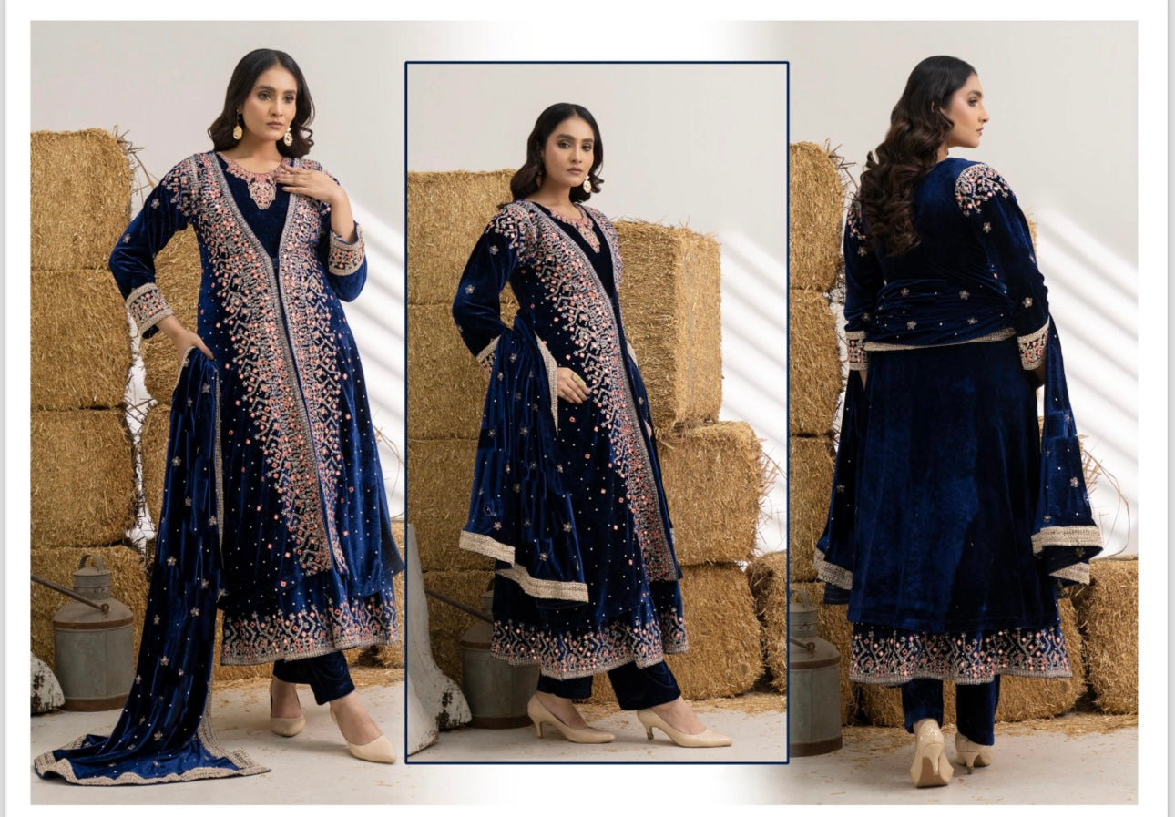 Brit 3 piece luxury Designer Valvet winter Pakistani ladies suit B323