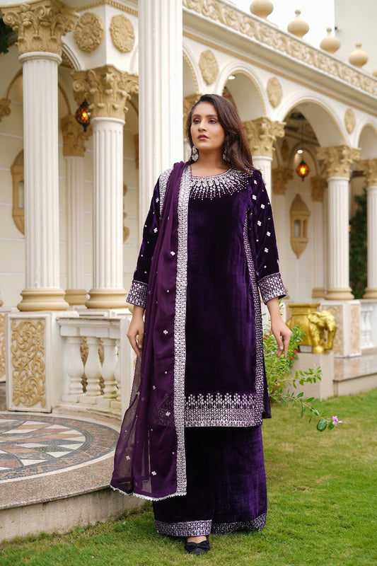 Brit Valvet 3 piece with chiffon dupata _3024 Purple B276