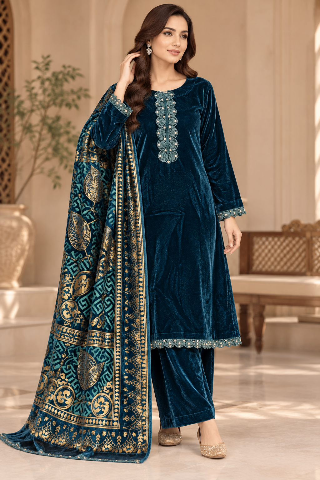 Brit 3 piece velvet with palachi shawl_5004 ladies suit B393