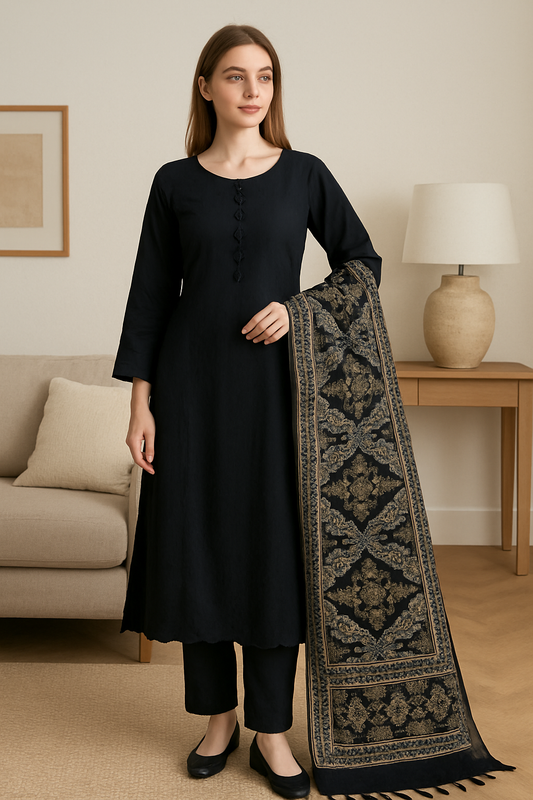 Brit 3 piece Dhanak _81042 Pakistani ladies suit Black CD2