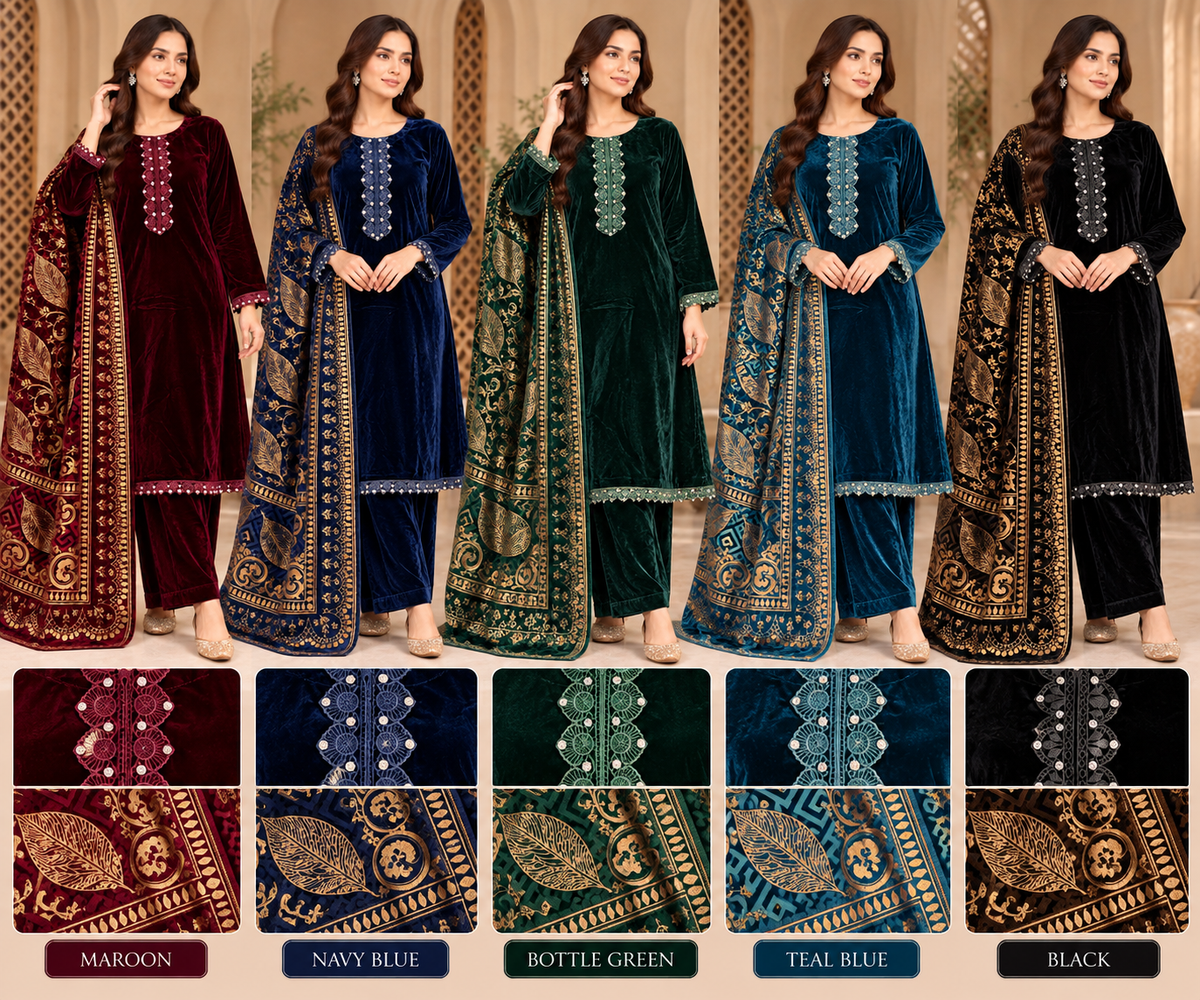 Brit 3 piece velvet with palachi shawl_5004 ladies suit B393