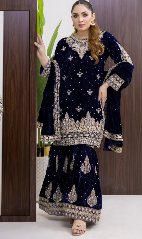 Brit 3 piece luxury Valvet_81042 Pakistani ladies suit navy B294