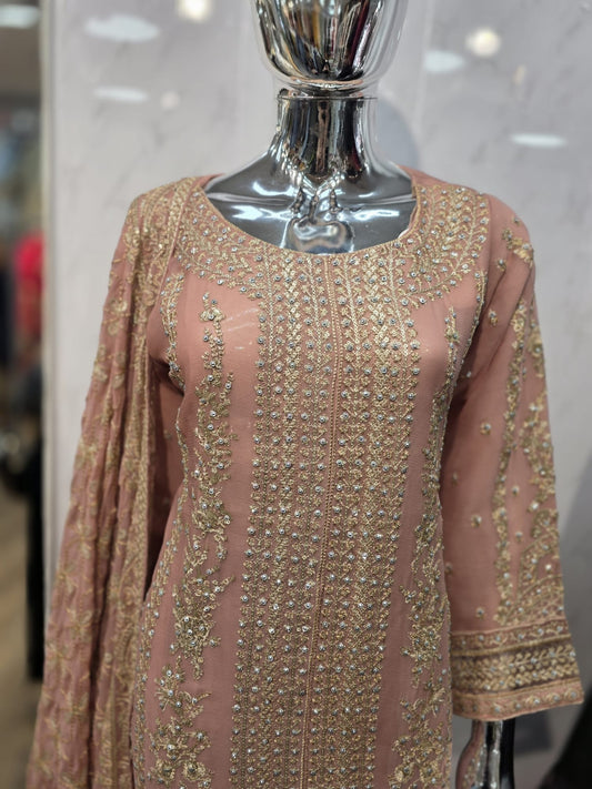 Nureh inspired“3 piece luxury organza_81042 Pakistani ladies suit Peach B220