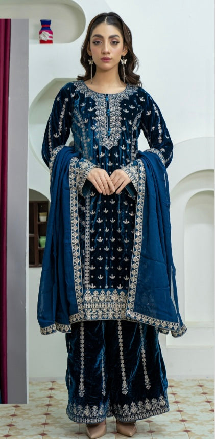 Brit 3 piece luxury Designer Valvet winter Pakistani ladies suit_B311