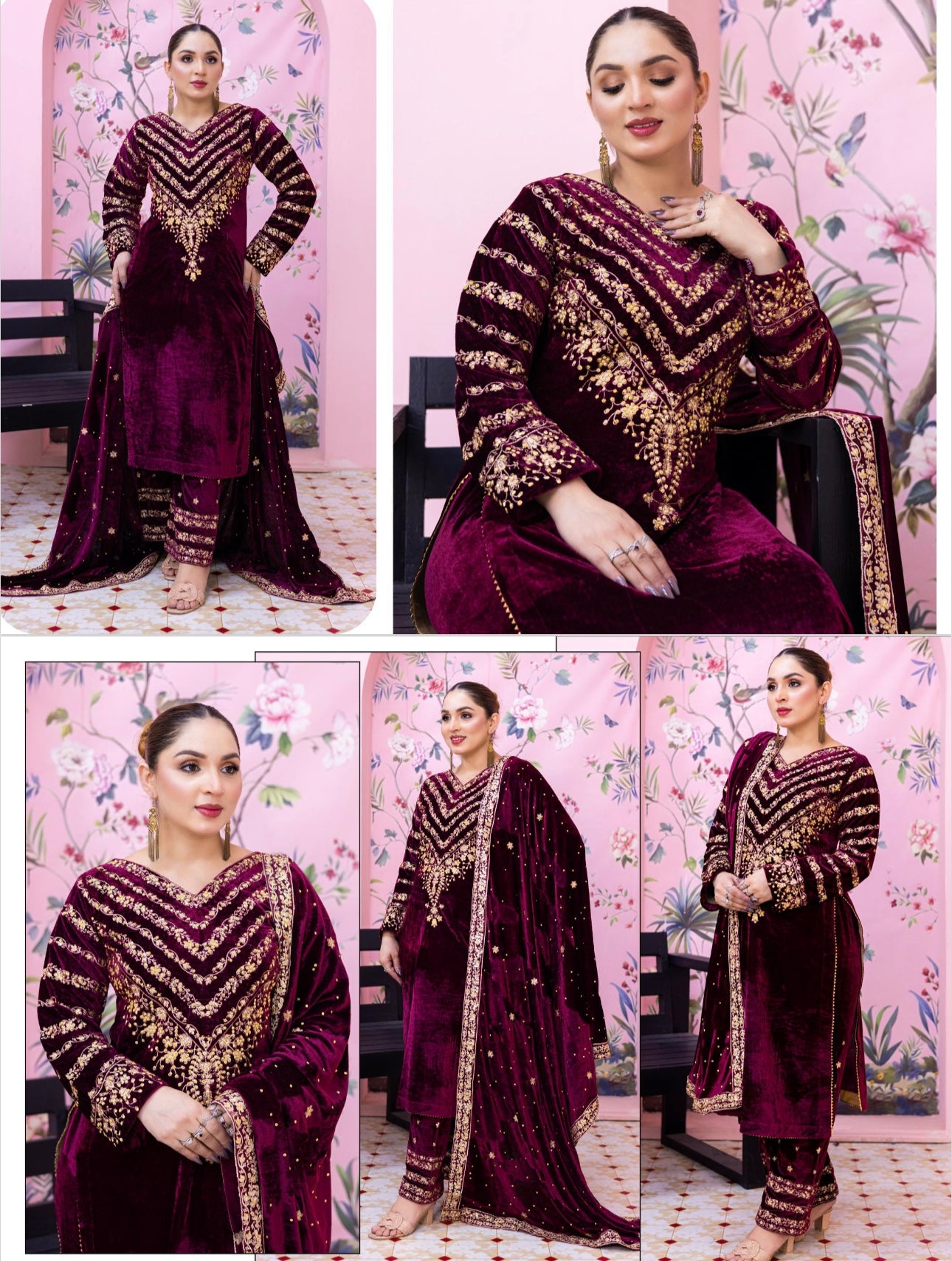 Brit 3 piece luxury Valvet_81042 Pakistani ladies suit Mehroon WITH CHIFFON DUPPATA B291