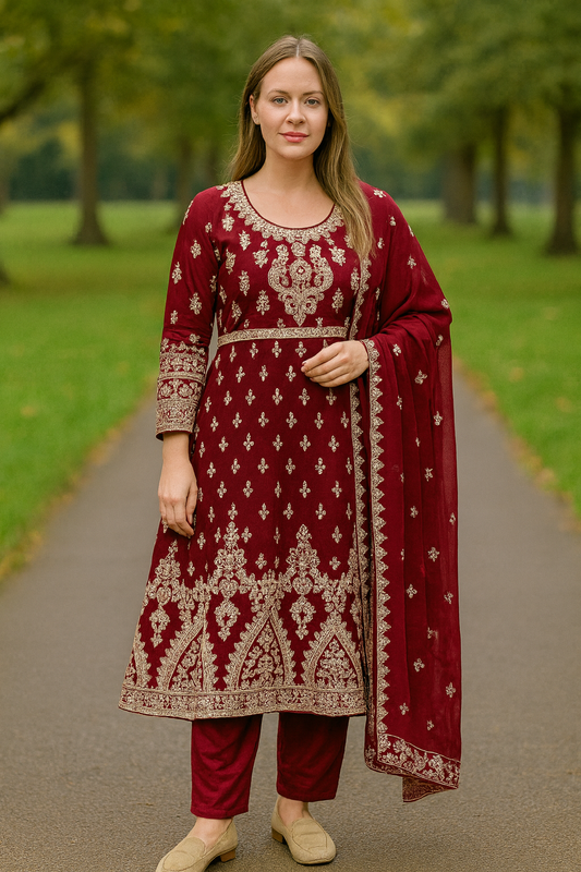 Brit 3 piece luxury chiffon Maxi_81042 Pakistani ladies suit Mehroon B255