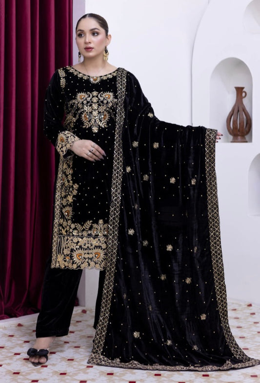 Brit 3 piece luxury Valvet_81042 Pakistani ladies suit black B290
