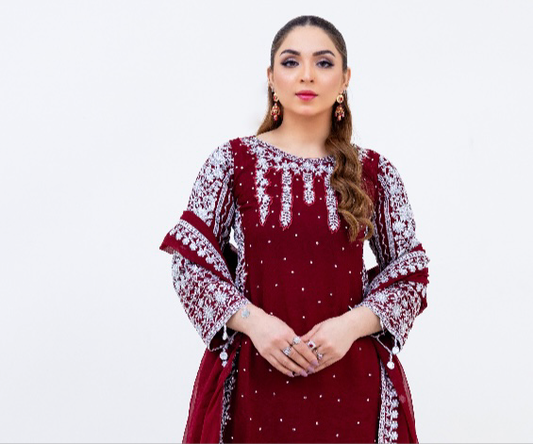 Brit 3 piece chiffon_8094 mehroon with Plazo B77