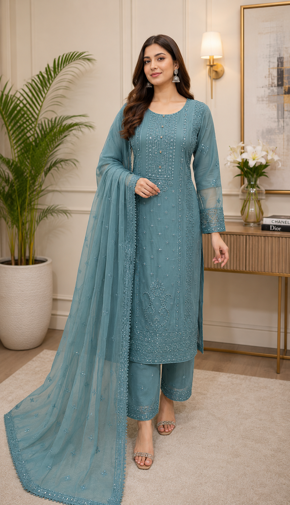 BRIT 3 piece embroidered chiffon ladies dress B616