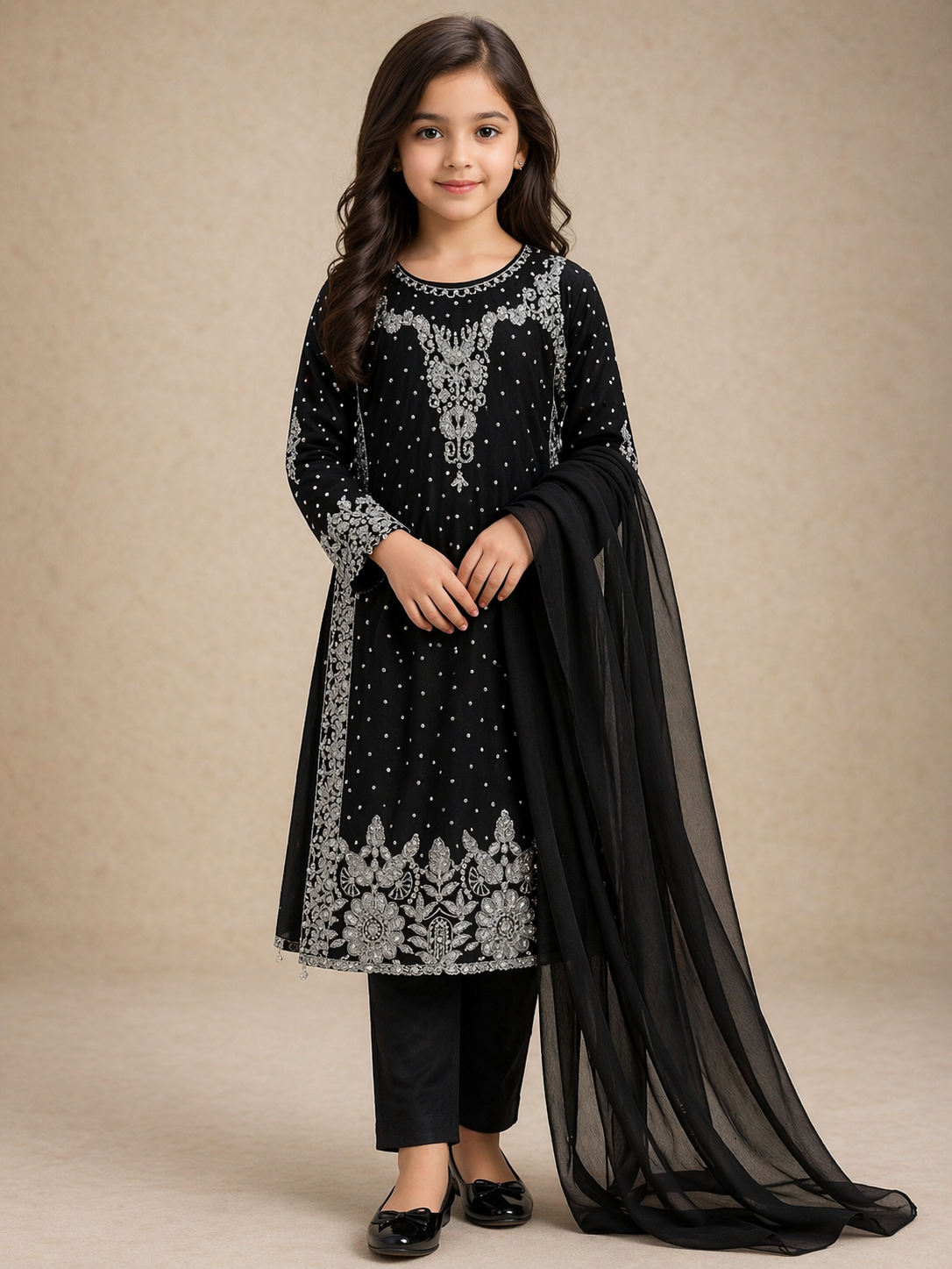 KIDS 3 piece CHIFFON SILVER embroidered suit B544