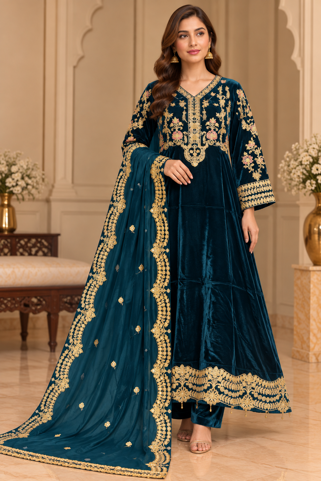 BRIT- GL 3 piece Valvet designer collection chiffon duppata B821