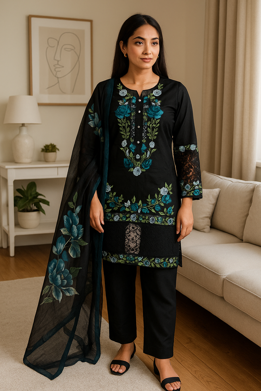 Brit 3 piece luxury linen_81042 Pakistani ladies suit Black B238
