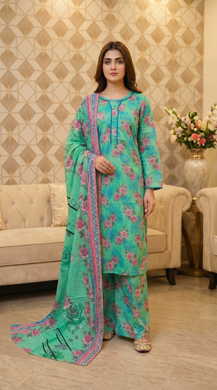 M Print inspired 3 piece Lawn summer collection ladies dress B621