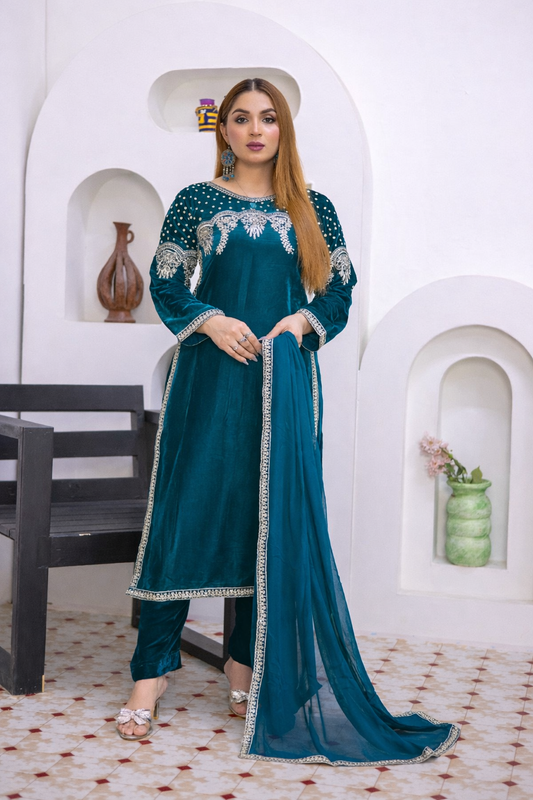 Brit 3 piece luxury Valvet_81042 Pakistani ladies suitTeal B299