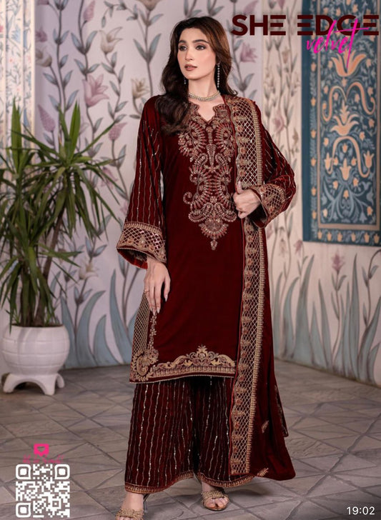 Brit 3 piece luxury 11000 Valvet_81042 Pakistani ladies suit Mehroon B282