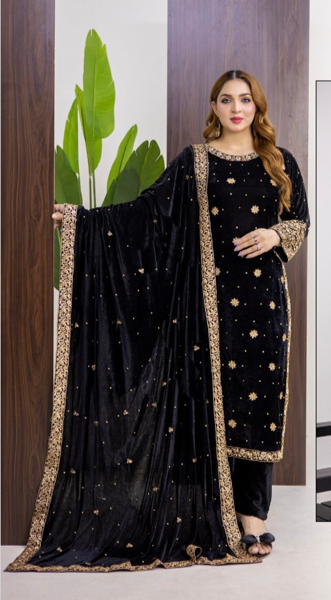 Brit 3 piece luxury Valvet_81042 Pakistani ladies suit Black  B289