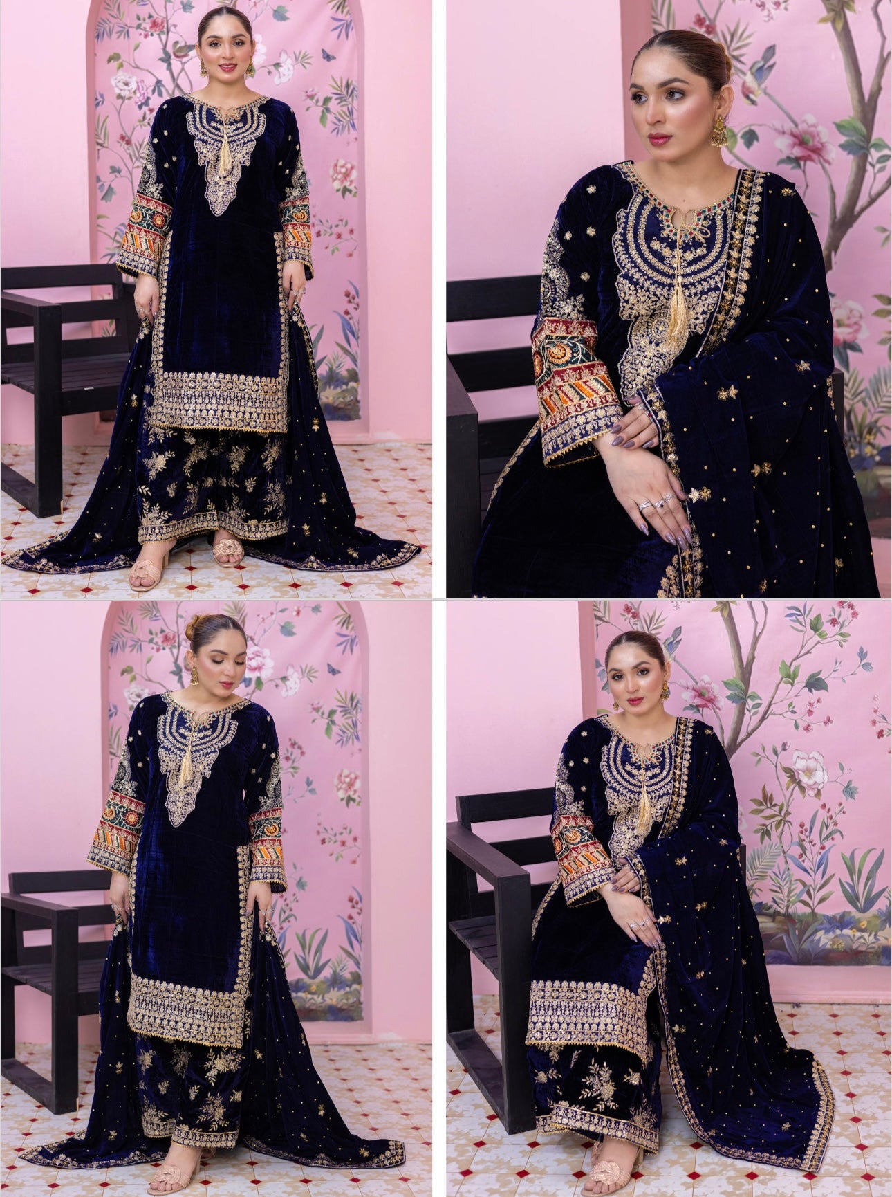 Brit 3 piece luxury Valvet_81042 Pakistani ladies suit navy B292