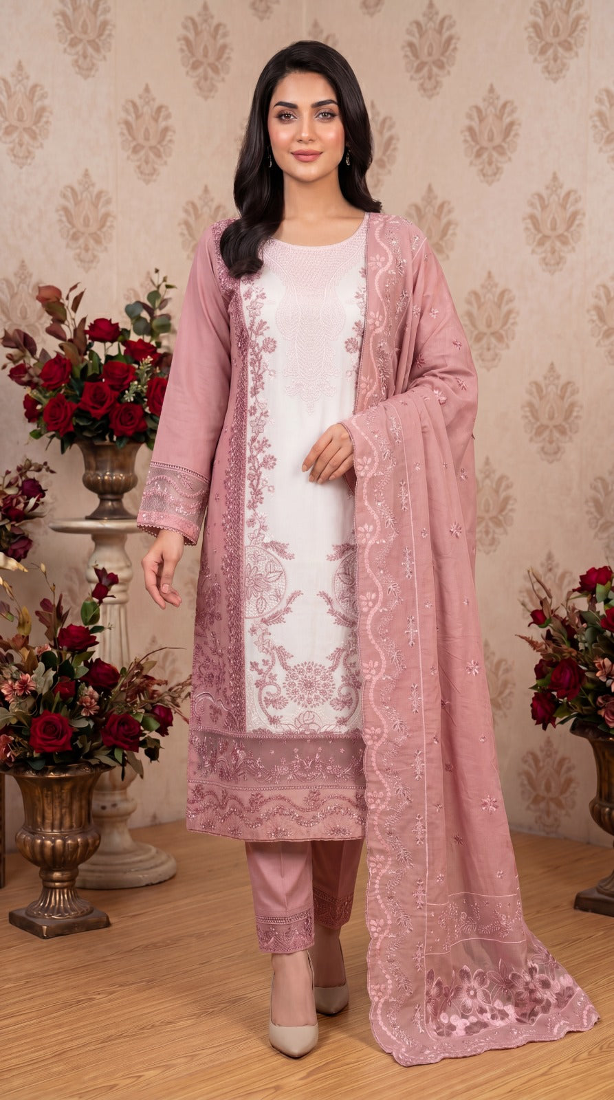 Brit 3 piece embroidery cotton ladies dress B605