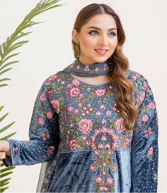 Brit 3 piece velvet_6026 Pakistani ladies suit grey B4