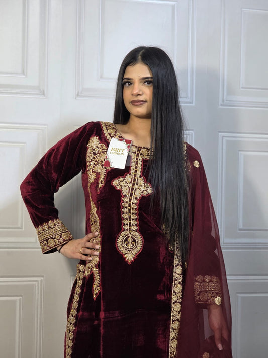Brit 3 piece velvet_7026 ladies suit mehroon VB3