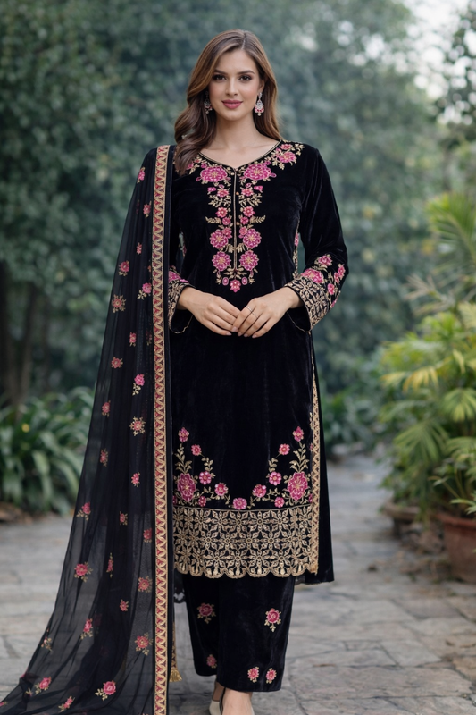 Brit 3 piece luxury Valvet_81042 Pakistani ladies suit black B296