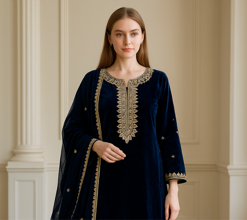 Brit 3 piece velvet_6017 Pakistani ladies suit  navy B14