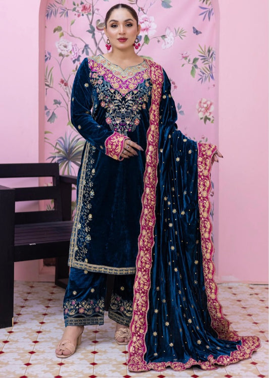 Brit 3 piece luxury Valvet_81042 Pakistani ladies suit teal B293