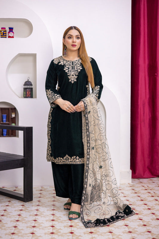 Brit 3 piece luxury Valvet_81042 Pakistani ladies suit Green B286