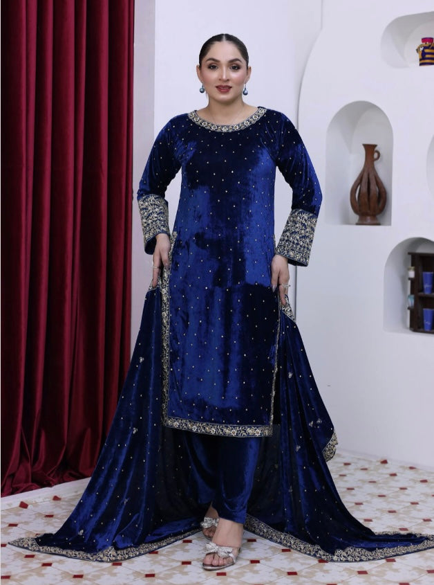 Brit 3 piece luxury Valvet_81042 Pakistani ladies suit blue B289