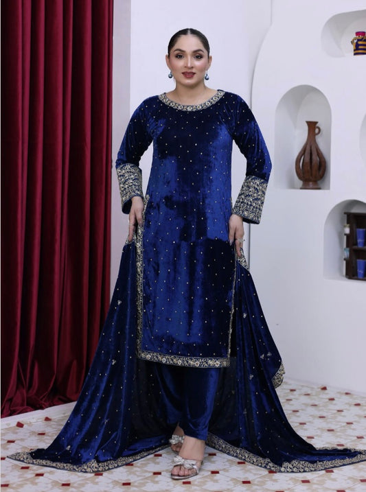 Brit 3 piece luxury Valvet_81042 Pakistani ladies suit blue B289