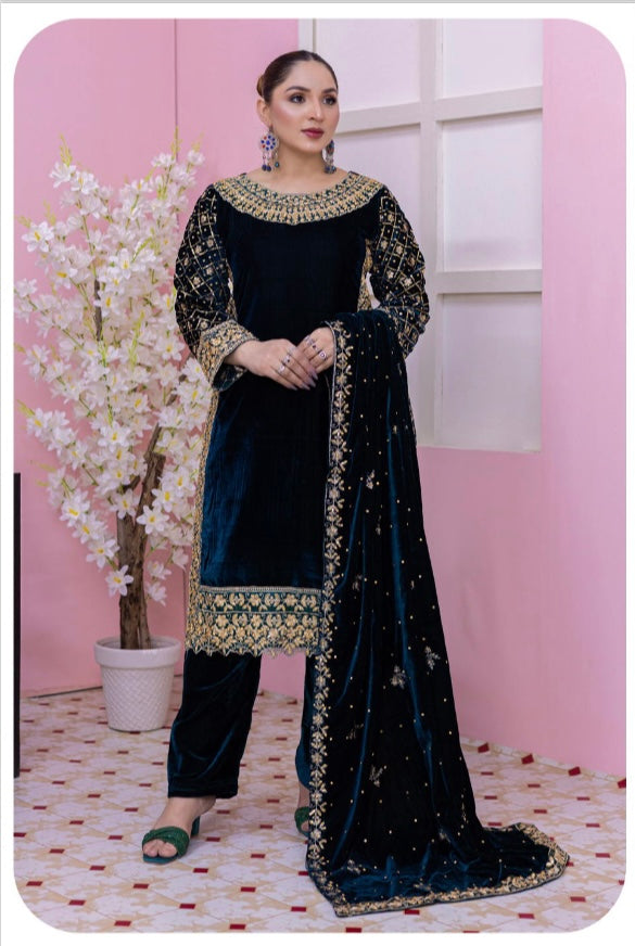 Brit 3 piece luxury Valvet_81042 Pakistani ladies suit teal B295