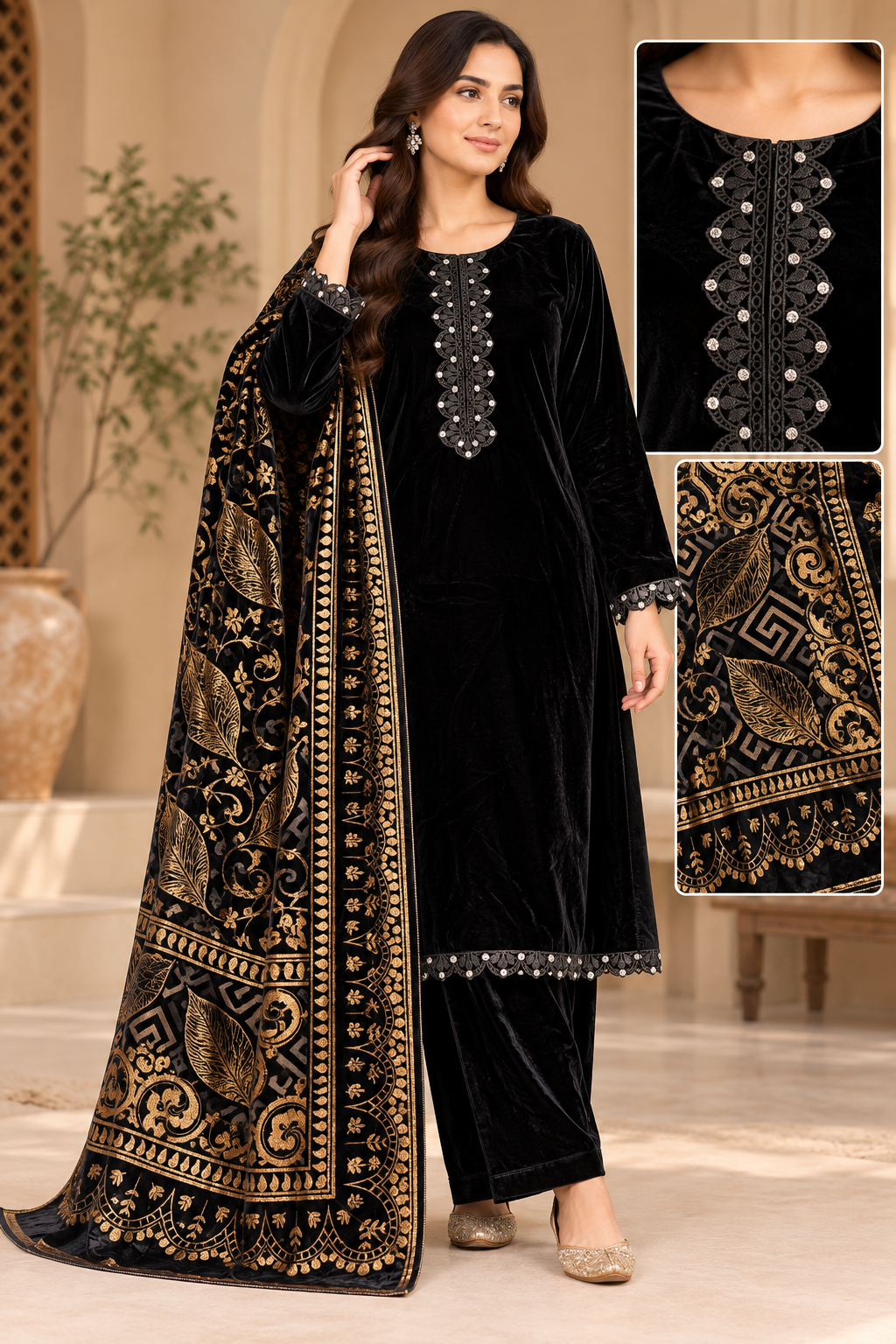 Brit 3 piece velvet with palachi shawl_5004 ladies suit B393