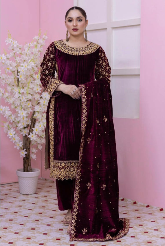Brit 3 piece luxury Valvet_81042 Pakistani ladies suit maroon B295