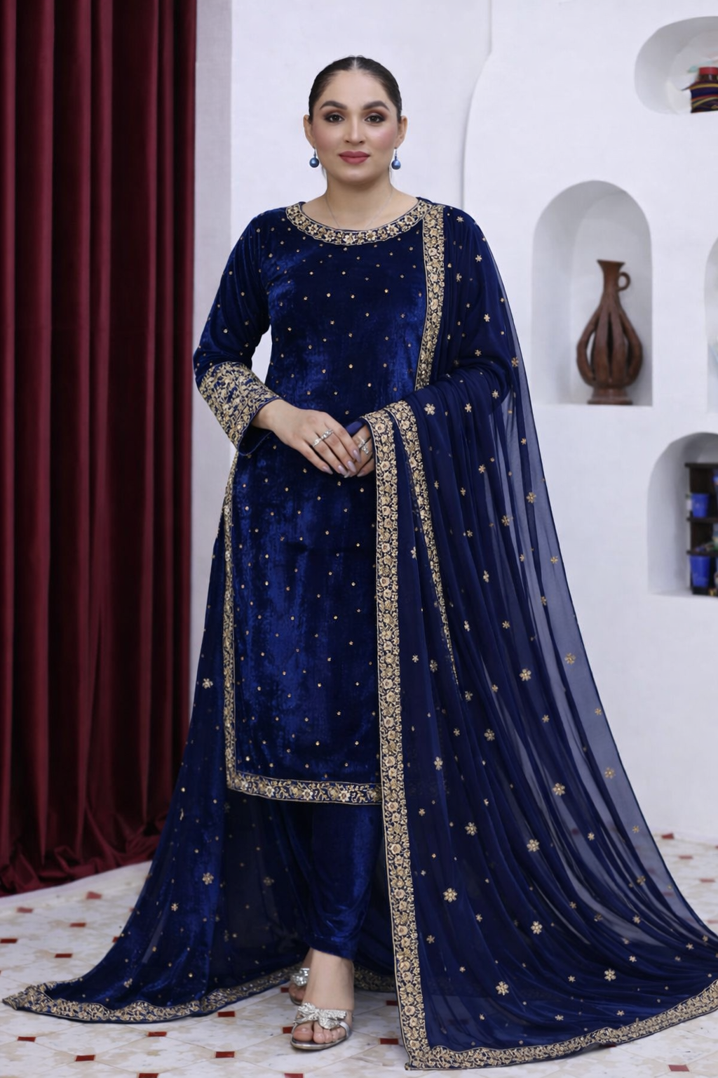 Brit 3 piece luxury Valvet_81042 Pakistani ladies suit blue WITH CHIFFON DUPPATA B289