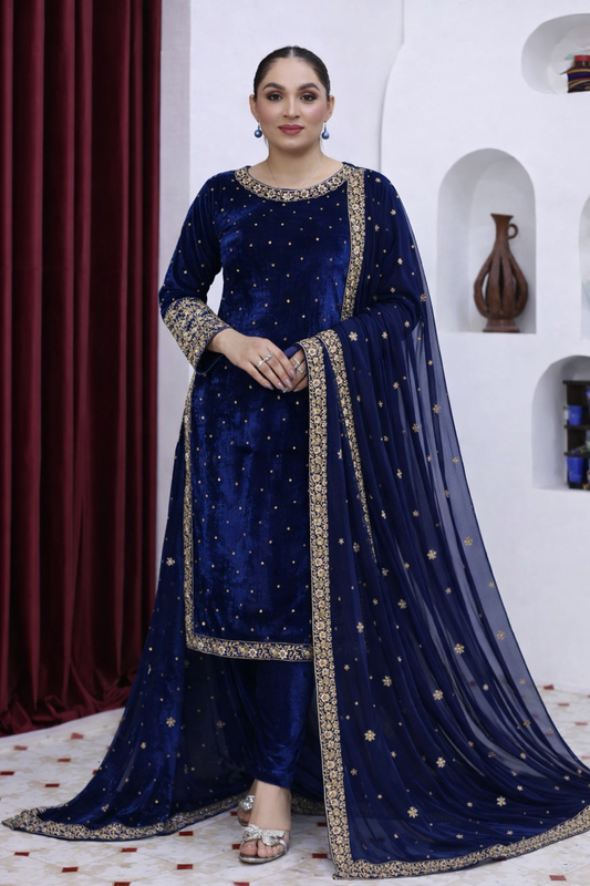 Brit 3 piece luxury Valvet_81042 Pakistani ladies suit blue WITH CHIFFON DUPPATA B289