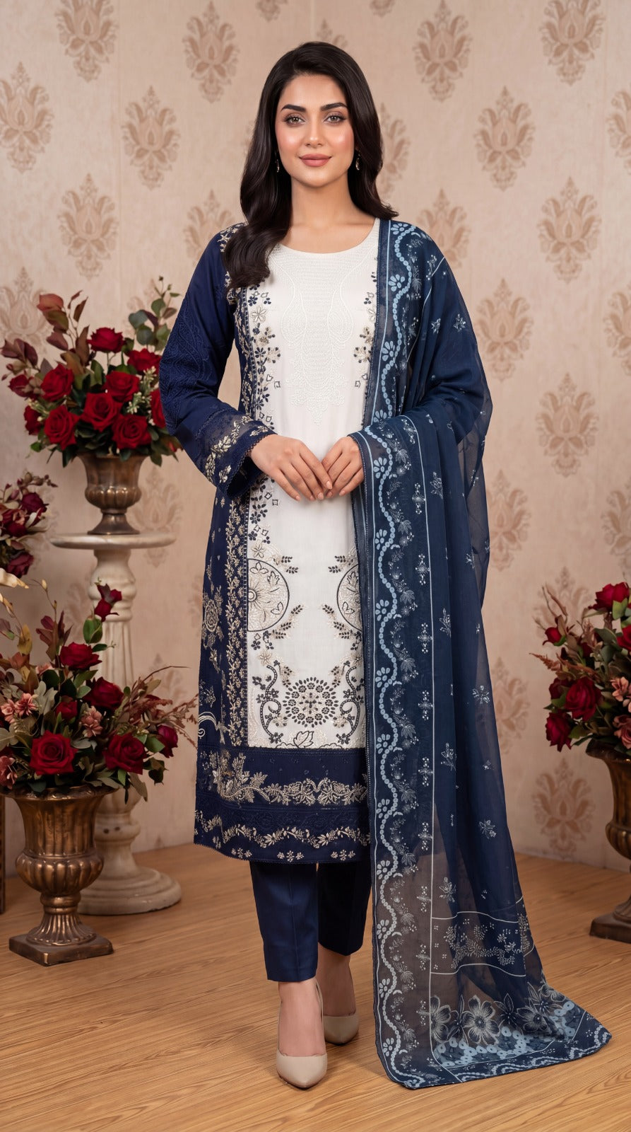 Brit 3 piece embroidery cotton ladies dress B605