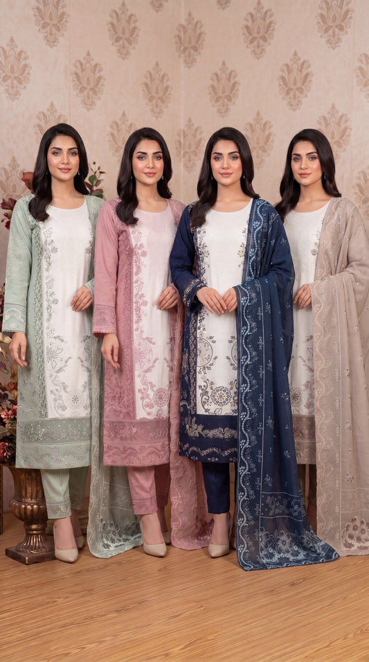 Brit 3 piece embroidery cotton ladies dress B605