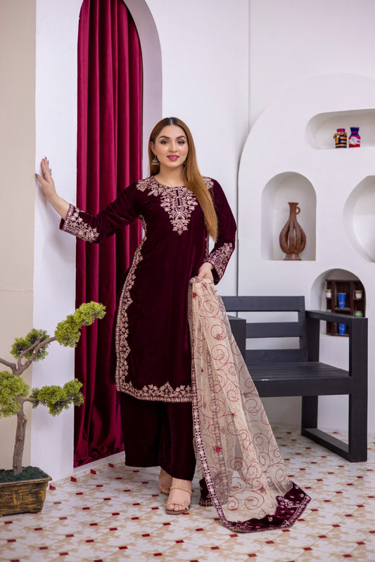 Brit 3 piece luxury Valvet_81042 Pakistani ladies suit Mehroon B286