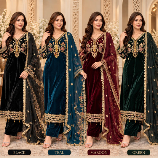 BRIT- GL 3 piece Valvet designer collection chiffon duppata B821
