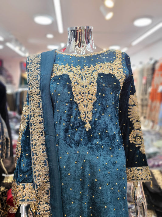 Brit 3 piece velvet_7010 ladies and kids suit Teal N2